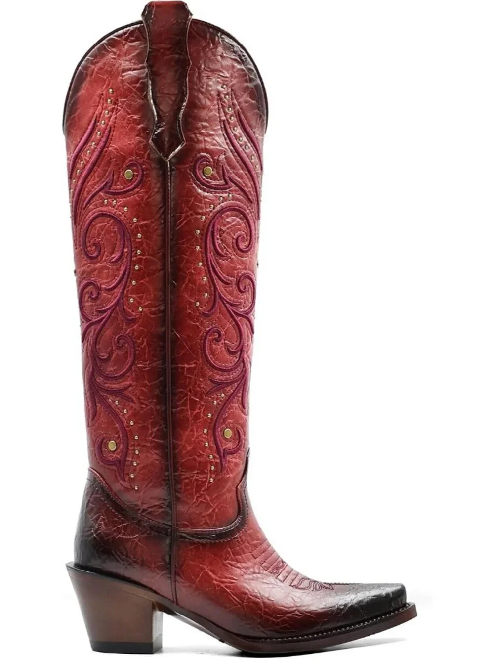 Women's Red Polyurethane Pointed Toe Knee High Side Zipper Chunky Heel Boots